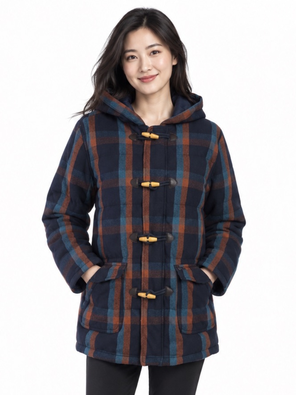 Adidas NEO Label Dark Blue plaid Jacket Wool blend zip front toggle buttons Med